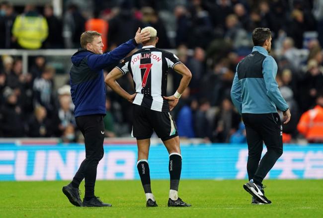 Eddie Howe commiserates with Joelinton in the wake of Newcastle United's draw with Norwich City on Tuesday night