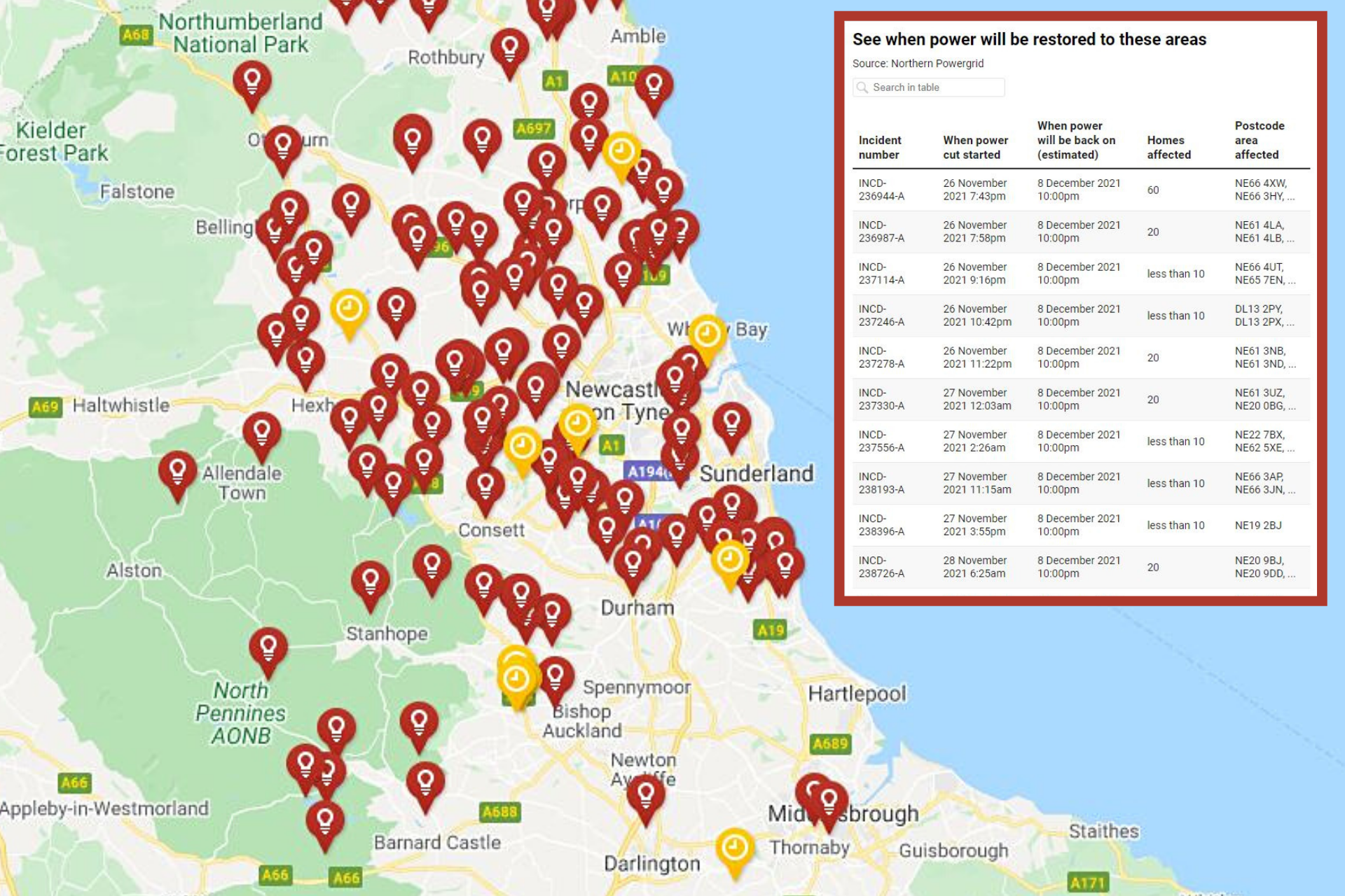 Northern Powergrid map shows North East areas still without power on day 11