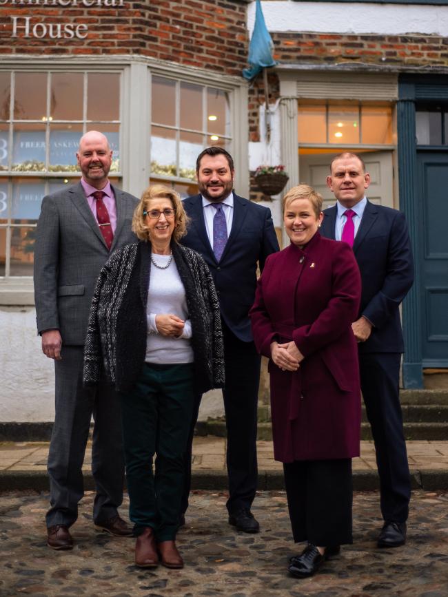 Maria Storey (front left), is welcomed to Freers Askew Bunting Solicitors by Directors (from left) Jonathan Woodhouse, Adam Hodge, Rachel  Dyson and Andrew Dixon.