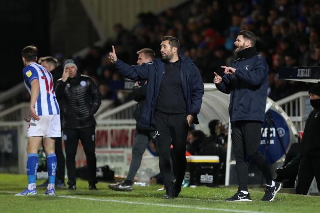 Hartlepool United manager Graeme Lee relays instruction to his players. PICTURE: MARK FLETCHER.