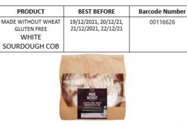 The Northern Echo: Photo shows the Food Standards Agency report of the affected M&S Made Without Wheat White Sourdough Cob.