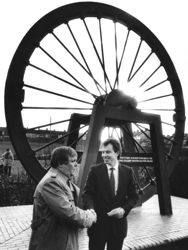 The Northern Echo: A little piece of socialist history: Tony Blair, the Labour Sedgefield MP, shaking hands with Dave Hopper, the general secretary of the Northern Area of the NUM on February 16, 1989. Mr Hopper has just given Mr Blair £500 towards the MP's