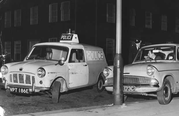 The Northern Echo: "A Panda patrol swoops on an erring motorist", says the caption attached to this October 1967 picture. The term "panda" came from the days before 1960 when cars were generally black and the police painted some panels white to make