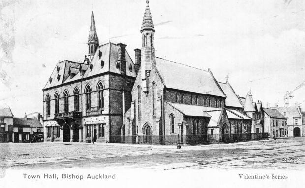 The Northern Echo: Bishop Auckland Town Hall, as adapted by architect John Johnson with a balcony and a new-lookclocktower. In this postcard view, which is postmarked May 1905 from New Shildon, Jane Shaw is running Shaw's Temperance Hotel on the ground floor of the