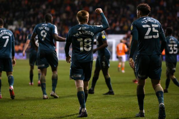 The Northern Echo: Duncan Watmore leads the celebration after his stoppage-time strike secured Middlesbrough a dramatic 2-1 win at Blackpool's Bloomfield Road last night