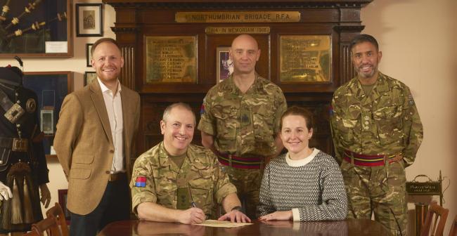 From left,  Richard Handley of Opencast with Lt Col Peter Winton (commanding officer, 101 Regiment Royal Artillery, Lee Kennedy (regimental sergeant major, 101 Regiment), Cate Kalson of Opencast and Ammar Mirza CBE (honorary colonel, 101 Regiment)