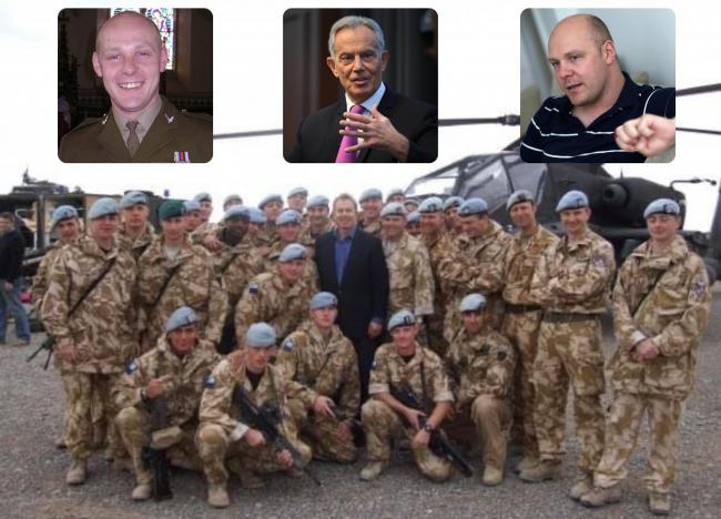 Mike Wilson, right, said the knighthood for Tony Blair was an insult to his twin brother David, left. David is pictured third in at the back on this group shot of soldiers taken with Tony Blair when he was Prime Minister meeting troops in Afghanistan
