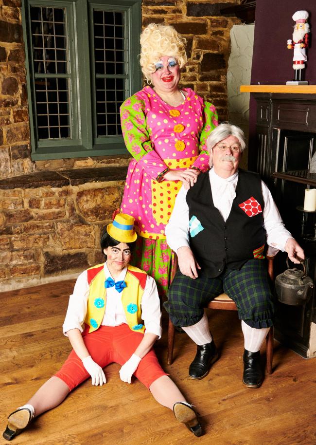 Panto principals, from left, Claire Archer, as Pinocchio, Lee Passmoor, as Dame Mama Mia and Lawrence Clark, as Gepetto