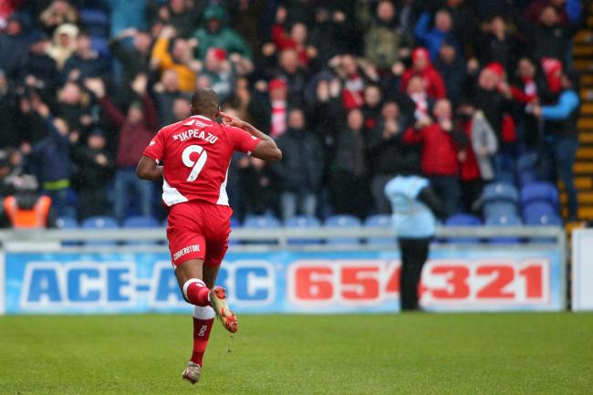 Uche Ikpeazu celebrates scoring his goal against Mansfield.