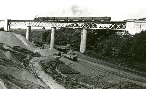 The Northern Echo: A passenger train pictured passing over Lands Viaduct at Cockfield Fell, before 1899