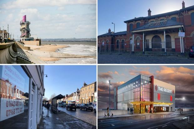 (From top left) Redcar seafront, Redcar Railway Station, how the new Regent Cinema will look, and Westgate in Guisborough