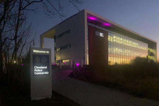 The Northern Echo: Cleveland Police Central HQ in purple for Holocaust Memorial Day. Picture: CLEVELAND POLICE.