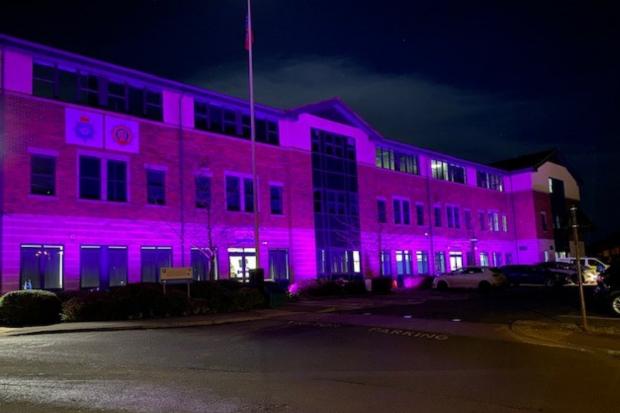 The Northern Echo: North Yorkshire Police joined its counterparts in Cleveland and lit its HQ building in purple. Picture: NORTH YORKSHIRE POLICE.