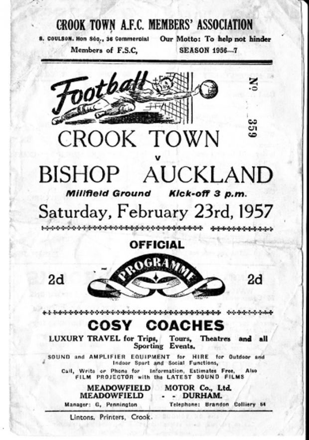 The Northern Echo: The match programme for the Amateur Cup quarter-final between Crook Town and Bishop Auckland on Saturday February 23 1957 at the Millfield , Crook.  which was the last Amateur Cup tie between the two clubs.  The game at Crook ended 2-2, with Bishop