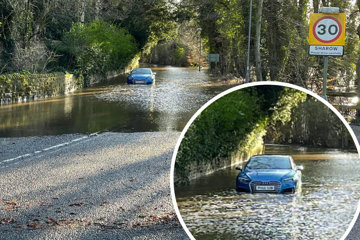 Storm Franklin: Moment Audi gets stuck on flooded road in Ripon