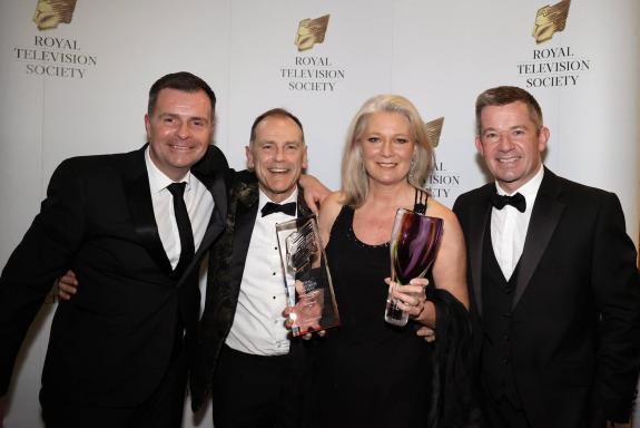 The Northern Echo: Pictured is BBC Look North's Jeff Brown (best sport) and Dawn Thewlis (be st presenter with Tvne Tees presente rs Simon O' Rourke (left) and lan Payne (right, The Northern Echo: Pictured is BBC Look North's Jeff Brown (best sport) and Dawn Thewlis (be st presenter with Tvne Tees presente rs Simon O' Rourke (left) and lan Payne (right,