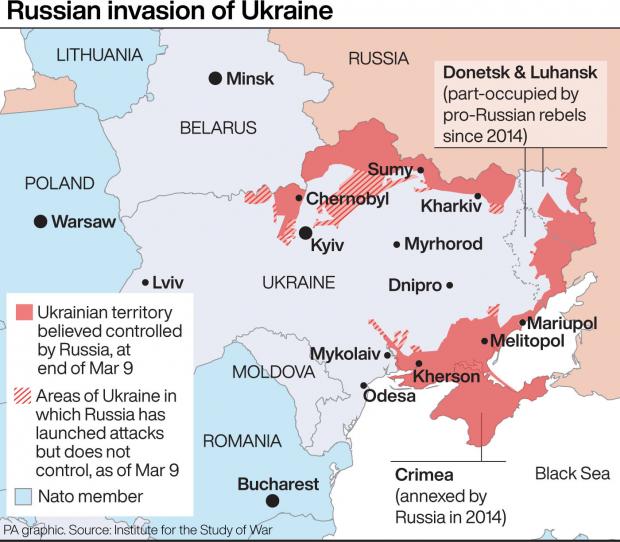 The Northern Echo: Graphic shows the Russian invasion of Ukraine, via PA.
