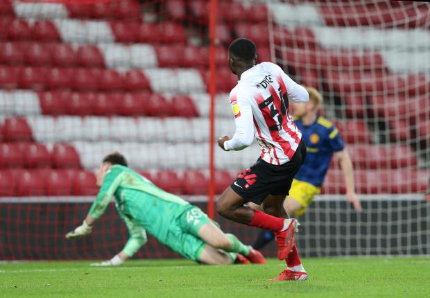 The Northern Echo: Tyrese Dyce scores against the Manchester United Under-21s in the Papa John's Trophy.