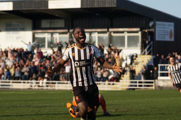 Jude Oyibo celebrates scoring Spennymoor's stoppage time equaliser against Brackley. PICTURE: DAVID NELSON.