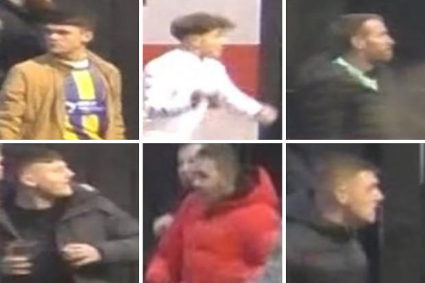 The Northern Echo: Six of the men that police officers want to speak to in connection to the trouble caused at Spennymoor vs Darlington on Boxing Day. Picture: DURHAM CONSTABULARY.