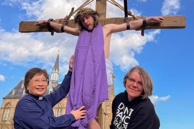 The Northern Echo: Jesus (Paul Taphouse) rehearses the crucifixion in Bishop Auckland Market Place with Rev Canon Eileen Harrop (L) and Rachael Masters (R).