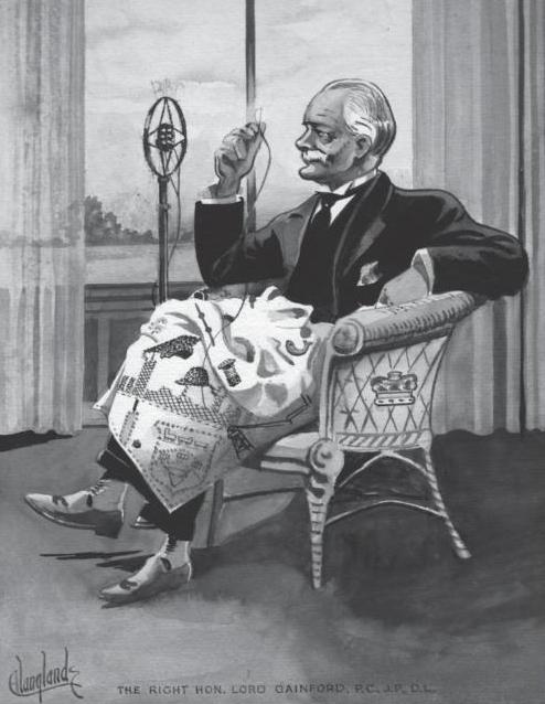 The Northern Echo: A cartoon of the 1st Lord Gainford who was an enthusiastic embroiderer - when he went to London for meetings, he would take his embroidery with him and work on it in the privacy of his first class carriage. In the background is an old BBC radio