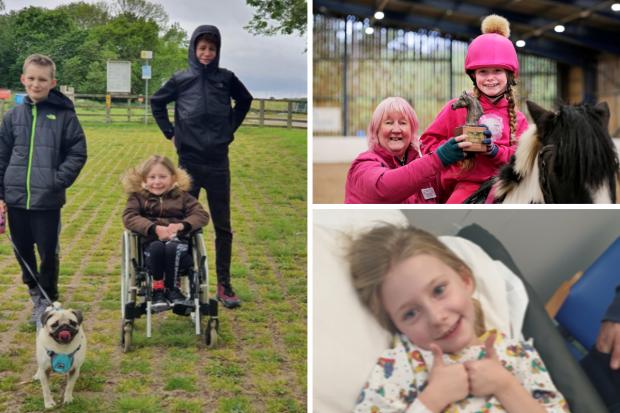 Kelsey, who has Spinal Muscular Atrophy Type 3 and uses a wheelchair, does her best to walk whenever she can, despite the difficulty. Pictures: FAMILY PHOTO and STUART BOULTON.