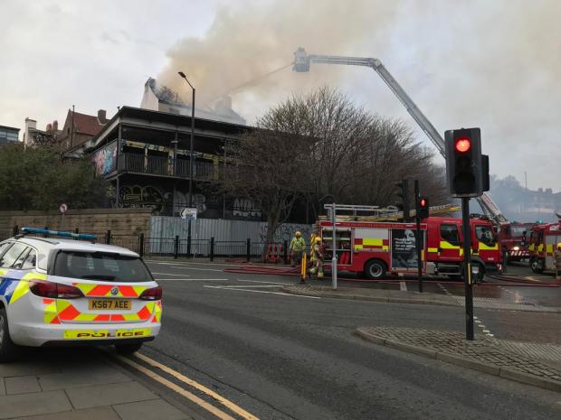 The Northern Echo: Firefighters tackling blaze at former Stereo Bar in NewcastlePicture: TWFRS 