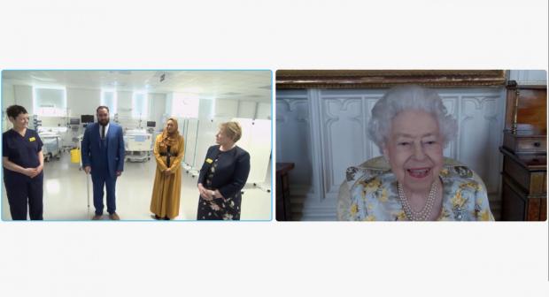 The Northern Echo: Queen Elizabeth II speaking to Dr Marie Healey, Divisional Director for Surgery and Critical Care; Mr Asef and Mrs Shamina Hussain; and Jackie Sullivan during a video link call (PA)