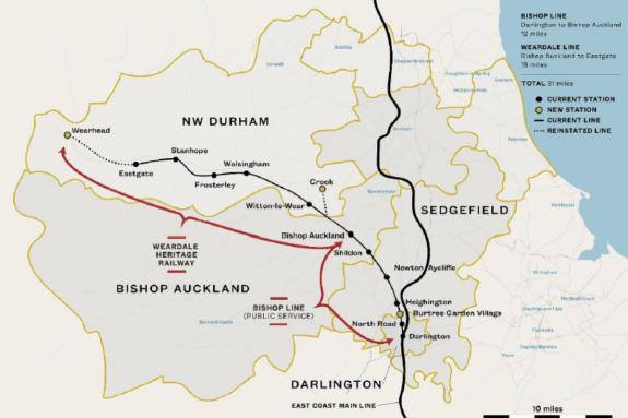 The Northern Echo: The locations that will benefit from the reopening of the Weardale Line. Picture: DFT. The Northern Echo: The locations that will benefit from the reopening of the Weardale Line. Picture: DFT.