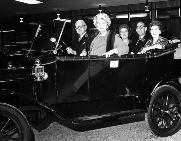 The Northern Echo: John Neasham and Lady Starmer in the new garage's reception area on opening day in the company's Model T Ford