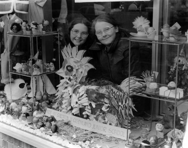 The Northern Echo: Miller's drapery store in South Moor asked children from Greenland school to provide Easter decorations for their shop window in April 1983, and here we see Janet Ruddy, 11, and Karen Lawson, 10, with their award-winning hen