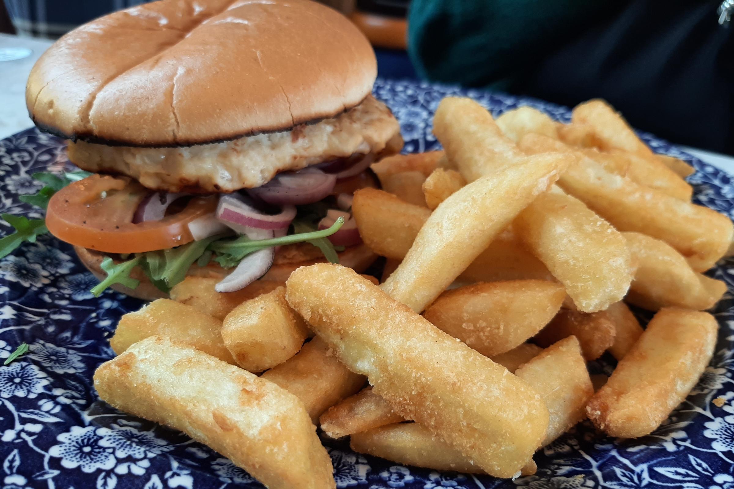 Chicken burger and chips - a hearty portion