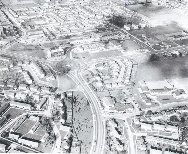 The Northern Echo: AERIAL AYCLIFFE: A clear day in December 1965, looking down on the town centre. The block on the St Cuthbert's Way/Central Avenue roundabout has been replaced by the Thames shopping centre, and Beveridge Way in the town centre square has yet to be