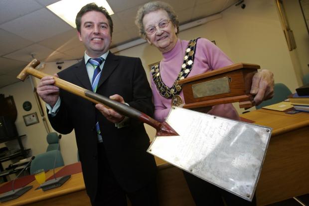 The Northern Echo: Great Aycliffe town council, School Aycliffe Lane, Newton Aycliffe  -  Silver ceremonial spade is returned by the police.  Pictured are (L-R) Det Sgt Sean Jackson and mayor Mary Dalton.
Pic: Chris Booth         16/12/09