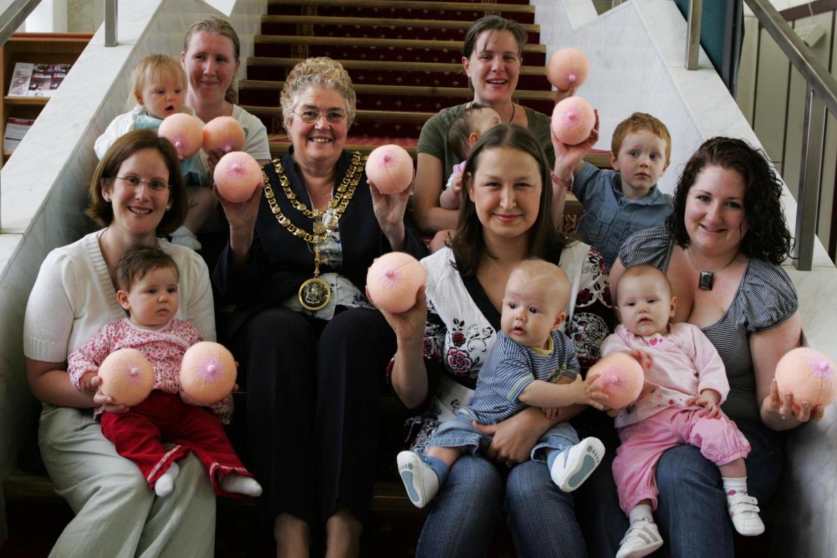 National Breast Feeding week in 2007 and Darlington Mayor Marian Swift is pictured on the town hall steps with the Darlington breast feeding awareness group and their knitted boobs