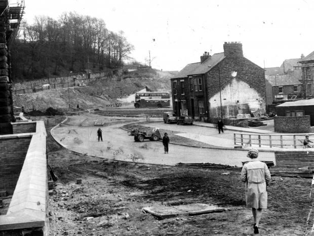 The Northern Echo: The A690 taking shape in April 1971 beneath the legs of the railway viaduct which can be seen on the left. We're in Sutton Street looking towards where a large roundabout at the top of North Road was to be built. We don't think any of the