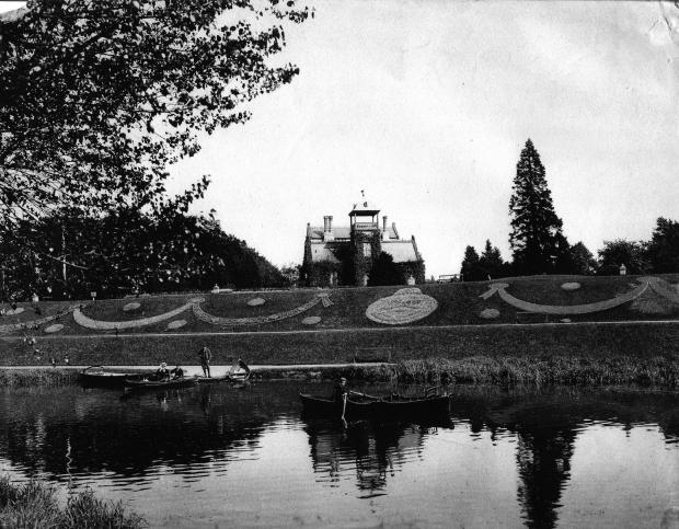 The Northern Echo: A great view across the Skerne in South Park towards the original Park Lodge, which had an observation platform for visitors to gain an aerial view of the park. The platform was replaced in 1901 when the Potts Memorial Clock was placed in the tower