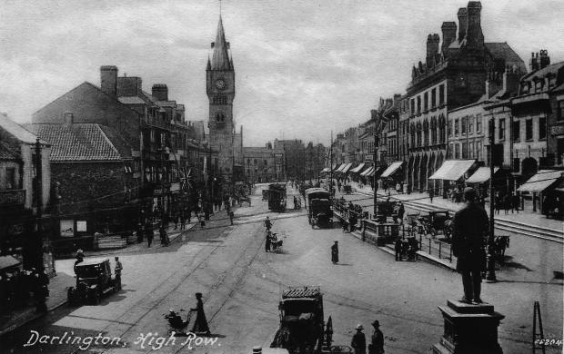 The Northern Echo: Looking south down High Row over the head of the Pease statue from the first floor dancehall windows of the Sun Inn which occupied the Prospect Place corner until the Midland bank (now HSBC) was built in the mid 1920s