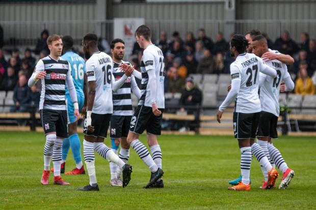 Darlington celebrate Tyrone O'Neill's goal. Picture: ANDY FUTERS