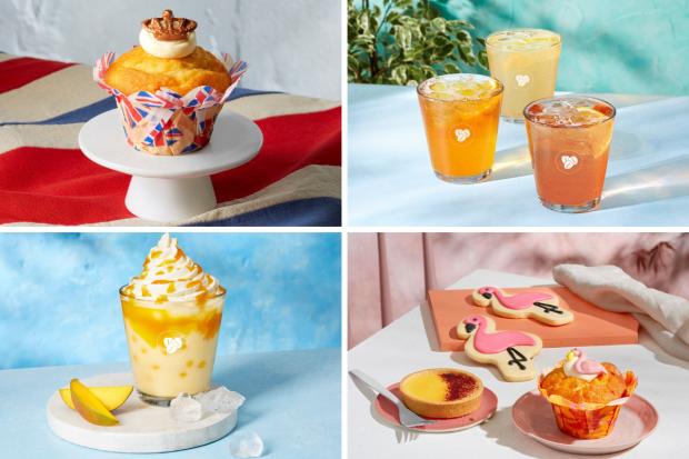 The Northern Echo: (Top left-clockwise) Jubilee Muffin, FuzeTea Crafted Iced Tea range, Tropical Muffin, Passionfruit Tart and Flamingo Shortcake, Tropical Mango Bubble Frappe (Costa Coffee/Canva)