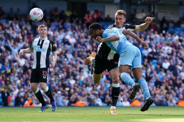 Raheem Sterling heads home Manchester City's first goal in their 5-0 win at the Etihad