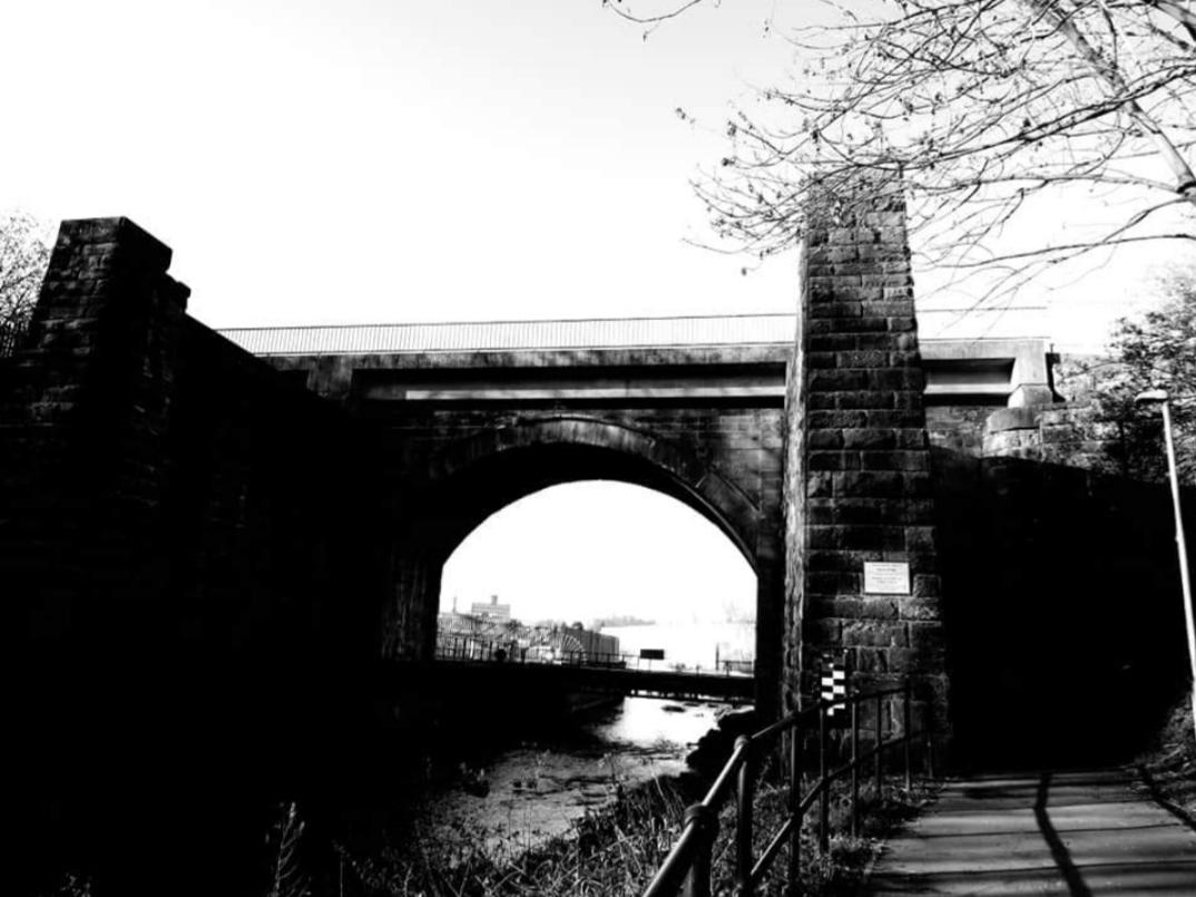 Black and white Skerne Bridge. Photo by Kylie Jackson.