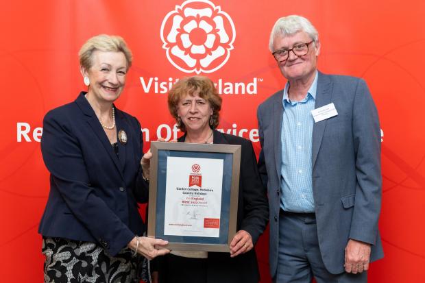 The Northern Echo: 1) Dame Judith Macgregor DCMG LVO presents the VisitEngland Rose Award to Dennis and Marcia McLuckie