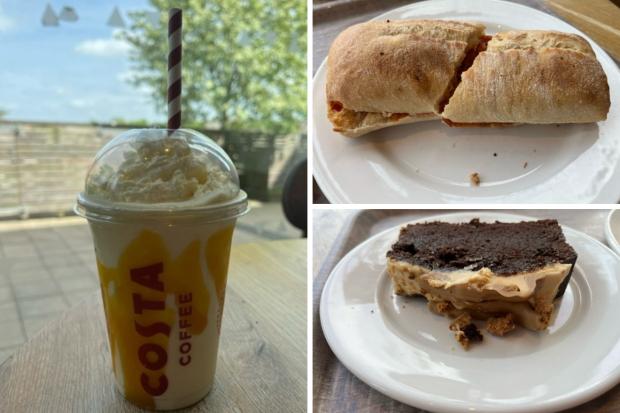 The Northern Echo: (Left) Tropical Mango Bubble Frappé (top right) Chicken & Chorizo Panini (bottom right) Chocolate & Caramelised Biscuit Loaf Cake (Katie Collier/Canva)