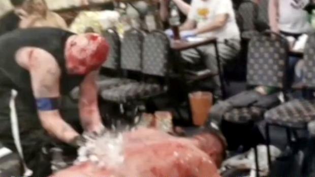 The Northern Echo: Wrestlers smashed glass over each other during the 'death match' Picture: BBC