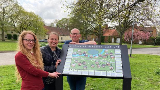 The Northern Echo: Artist Jaime Westwood, parish councillor Lynn Wylie and Chris Lloyd with the new history board on Hurworth Green