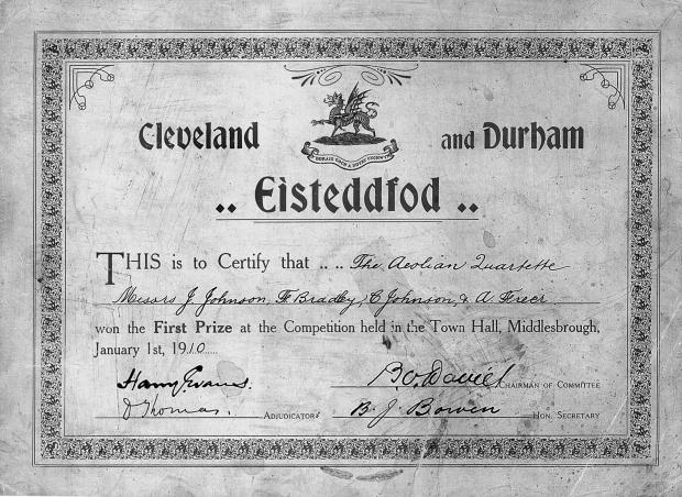 The Northern Echo: The Aeolian Male Quartette's certificate from the 1910 eisteddfod at Middlesbrough