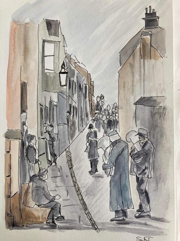 The Northern Echo: Sandra Johnson's drawing from the new film which shows the Yarm Band in the streets of Stockton celebrating the laying of the first rail