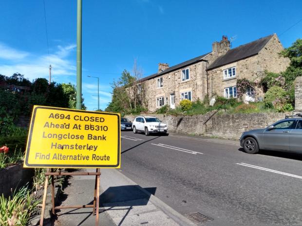 The Northern Echo: Signs in Ebchester warning of the closure ahead Picture: GAVIN ENGELBRECHT